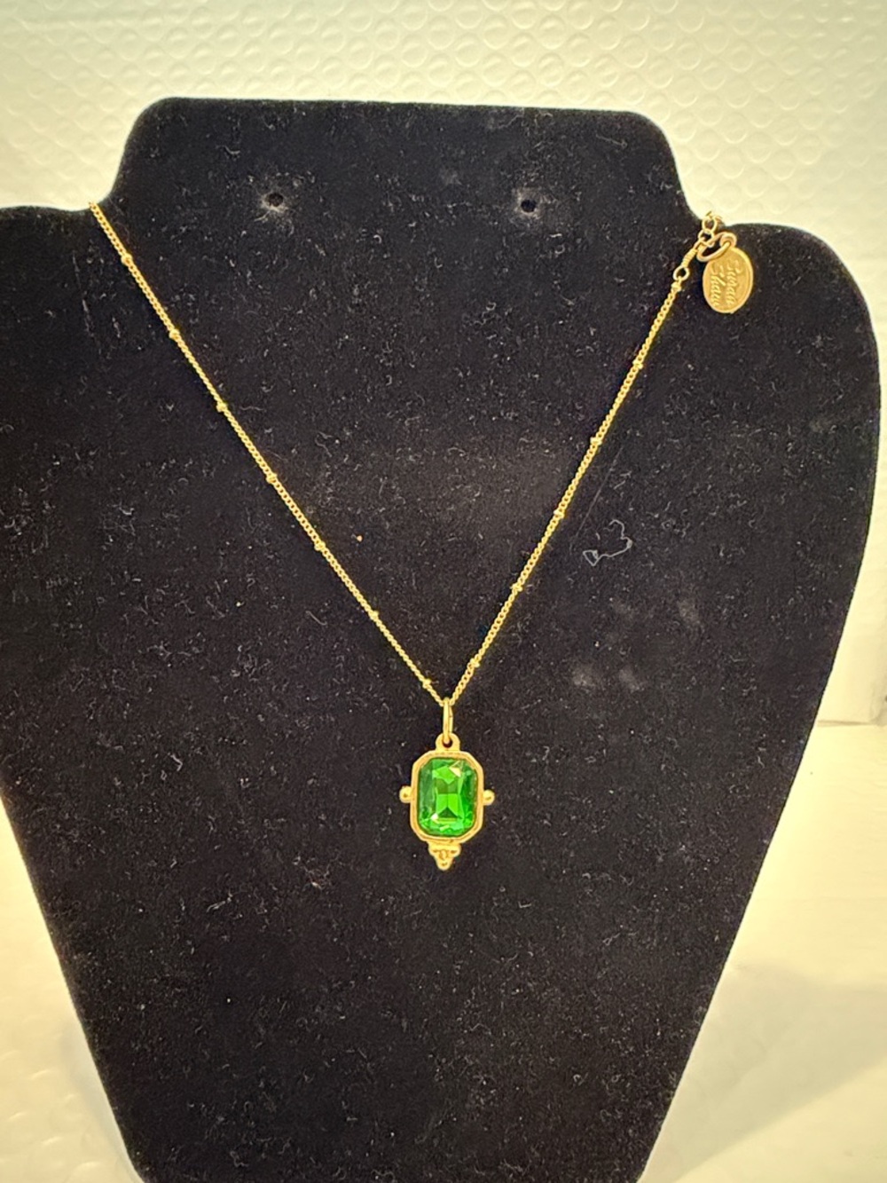 Gold Necklace with Green Gemstone Pendant by Susan Shaw